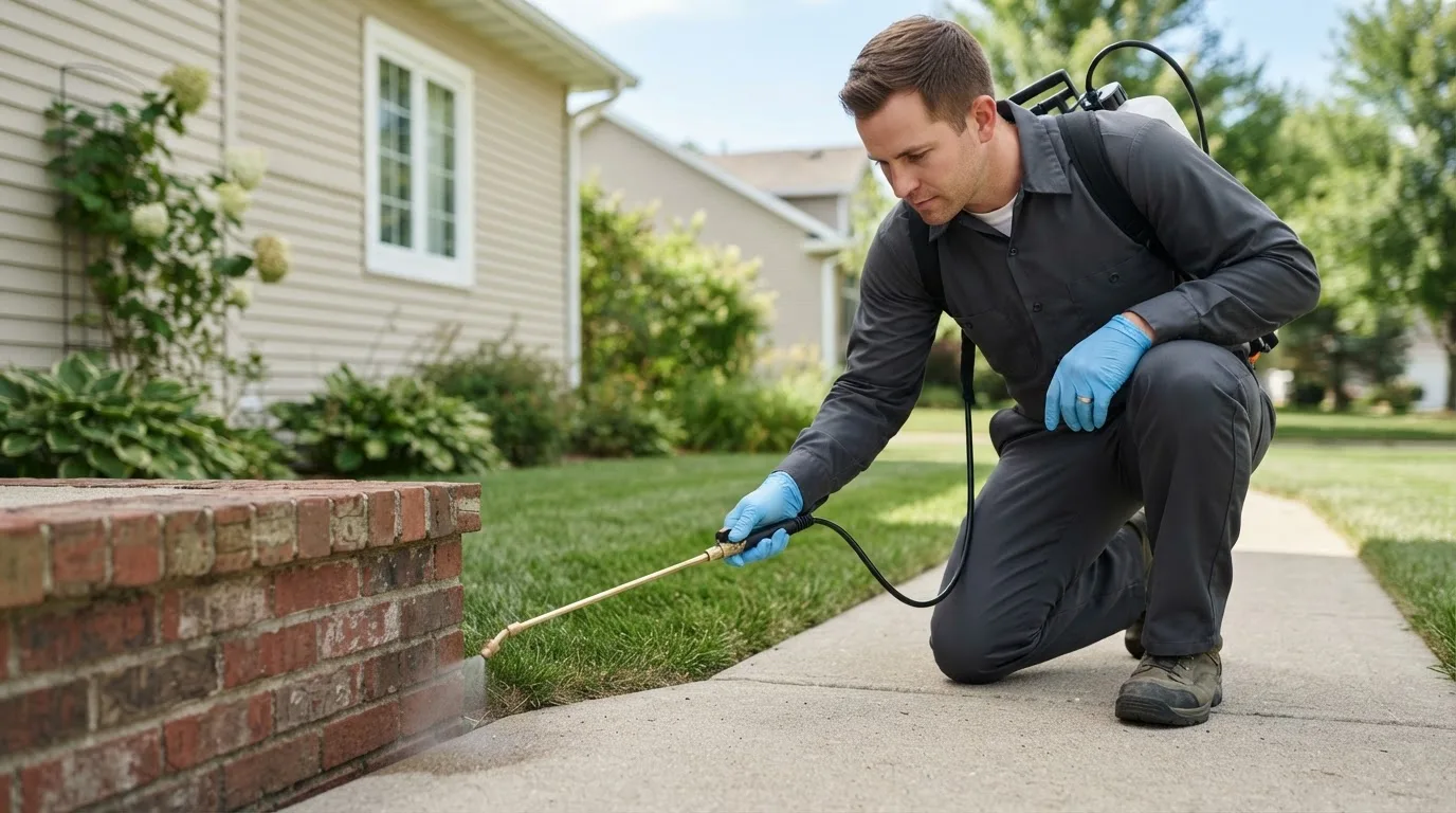 Pest control technician treating a home near Raywood, TX