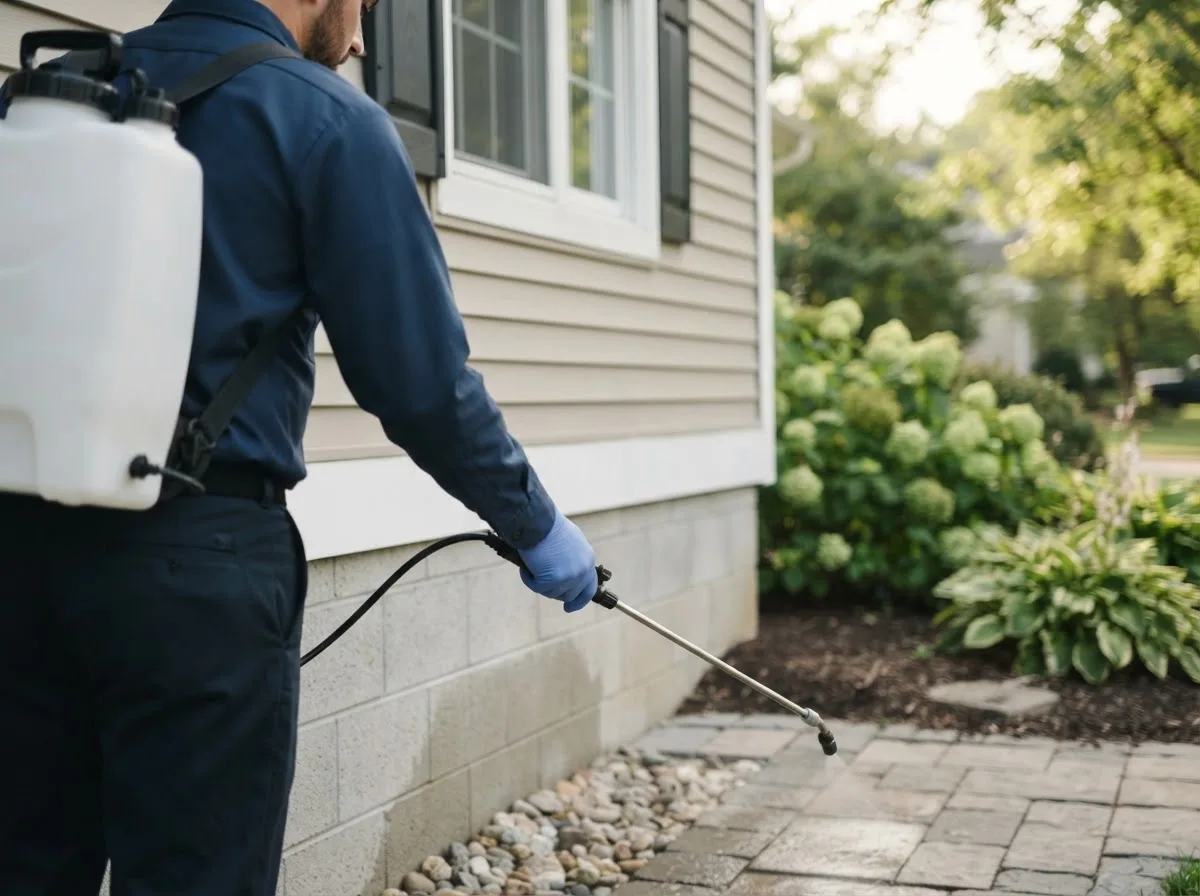 Pest control technician inspecting a home in Raywood, TX